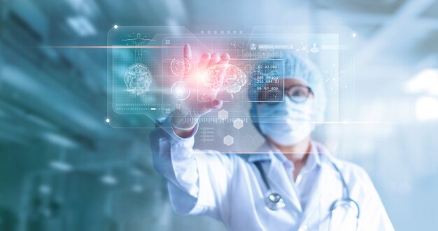 Photo doctor, surgeon analyzing patient brain testing result and human anatomy 