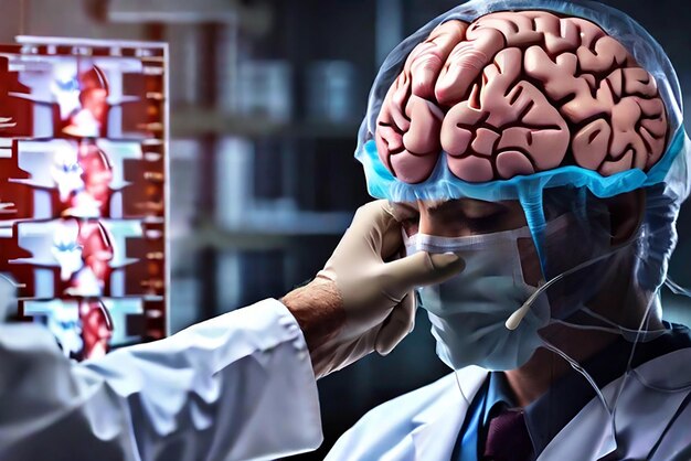 Doctor surgeon analyzing patient brain testing result and human anatomy