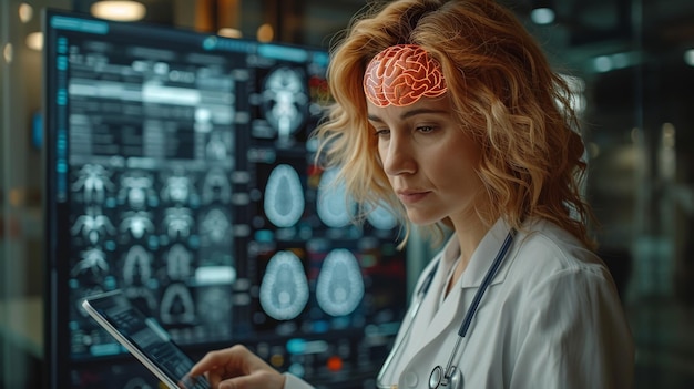 Doctor surgeon analyzing patient brain with human anatomy on technological digital tablet with futuristic UI and digital holographic innovation