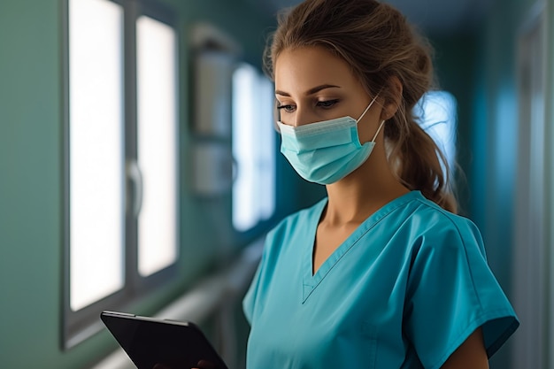 Foto un medico con un berretto chirurgico e uno stetoscopio che indossa guanti al nitrile e una maschera