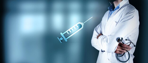 Doctor and syringe icon on blue background