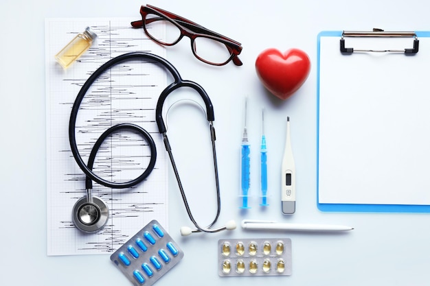 Doctor table with medicines and glasses top view