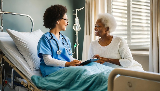 Doctor talking to an elderly woman in a hospital bed