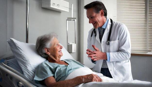 Photo doctor talking to an elderly woman in a hospital bed