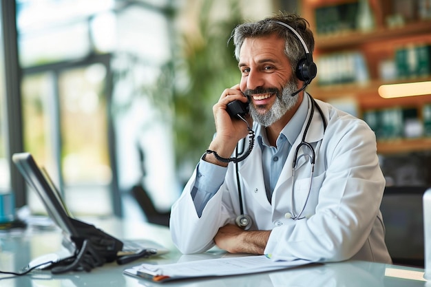 Photo doctor talking on landline phone in medical office at hospital