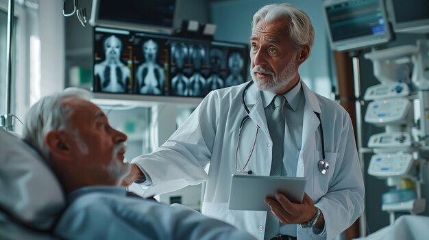 Doctor talking to patient while holding digital tablet