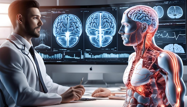 Доктор разговаривает с человеческим мозгом и человечным мозгом