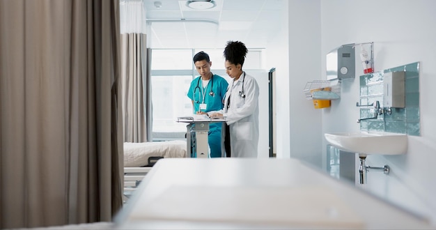 doctor team and nurse in discussion on tablet planning and communication in hospital with bag