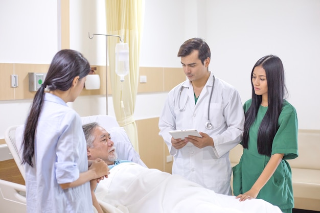 Doctor and team visit to elderly patient at hospital room