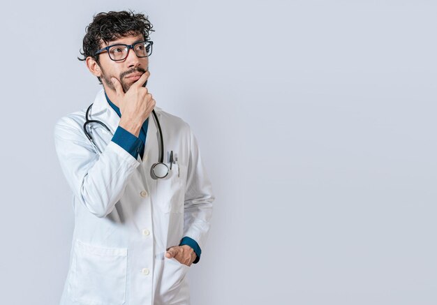 Doctor thinking with hand on chin Young doctor thinking and looking up isolated Pensive doctor man looking up isolated