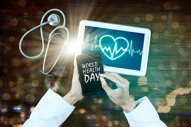 Doctor touch world health day text on smartphone