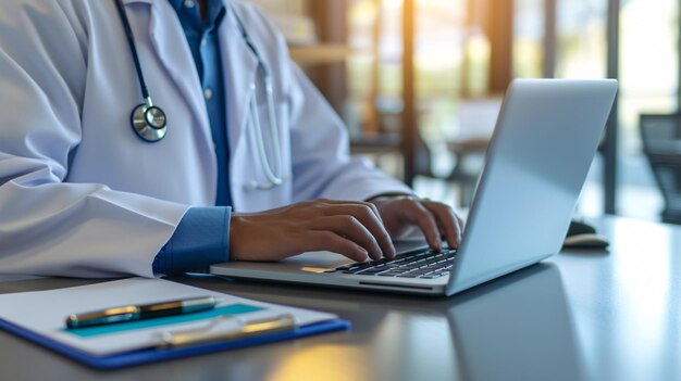 Photo a doctor typing on a laptop