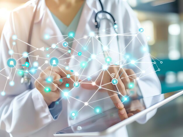 Photo doctor in uniform holding technology or medical symbol hospital or clinic background and copy space