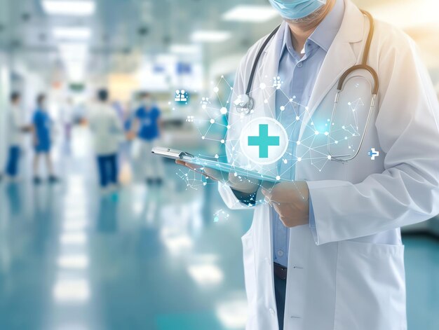 Photo doctor in uniform holding technology or medical symbol hospital or clinic background and copy space
