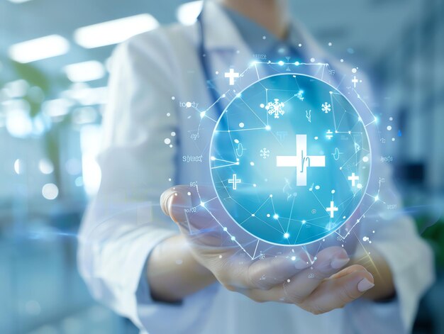 Photo doctor in uniform holding technology or medical symbol hospital or clinic background and copy space