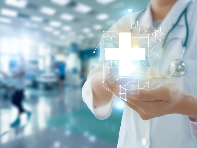 Photo doctor in uniform holding technology or medical symbol hospital or clinic background and copy space