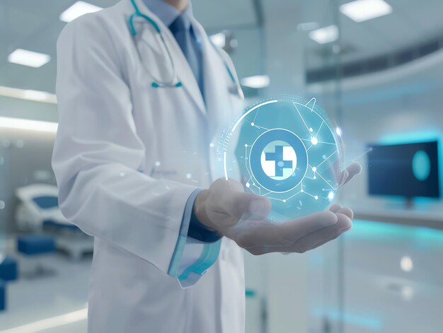 Photo doctor in uniform holding technology or medical symbol hospital or clinic background and copy space