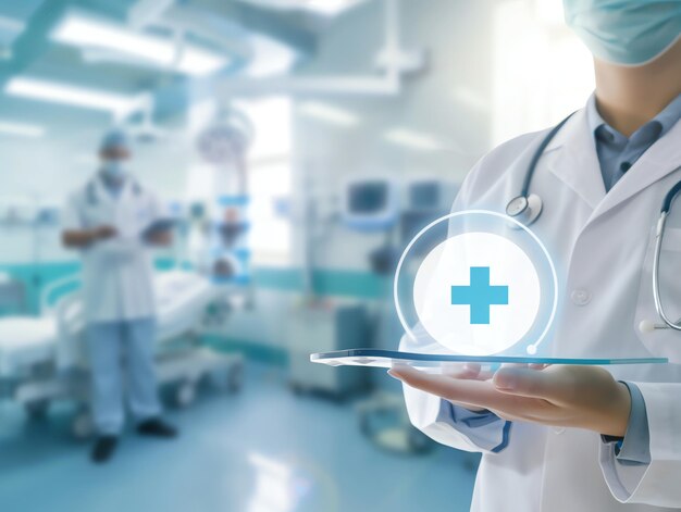 Photo doctor in uniform holding technology or medical symbol hospital or clinic background and copy space