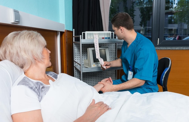 Doctor in uniform is looking at analysis of electrocardiograph examination while female patient is lying in the hospital bed in the hospital ward. Healthcare concept