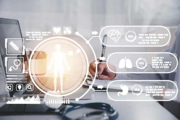doctor in uniform with stethoscope writing information of patient prescription medical in paperwork