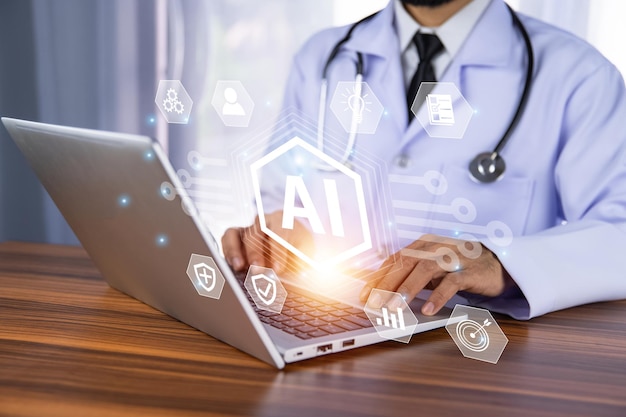 Photo doctor use ai artificial intelligence technology for data management streamlines administrative tasks