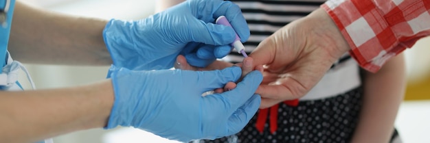 Doctor use lancet on patient finger to check blood sugar level by glucose meter