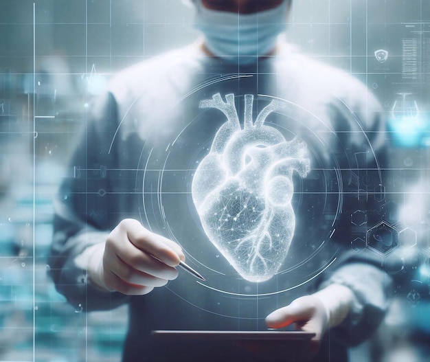 Врач использует сердечную голограмму в операционной генеративной искусственной иллюстрации