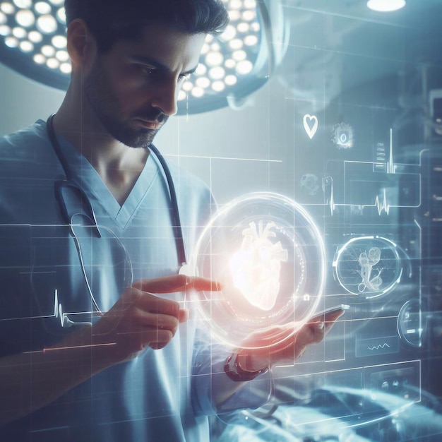 Doctor using cardiac hologram in operating room generative ai illustration