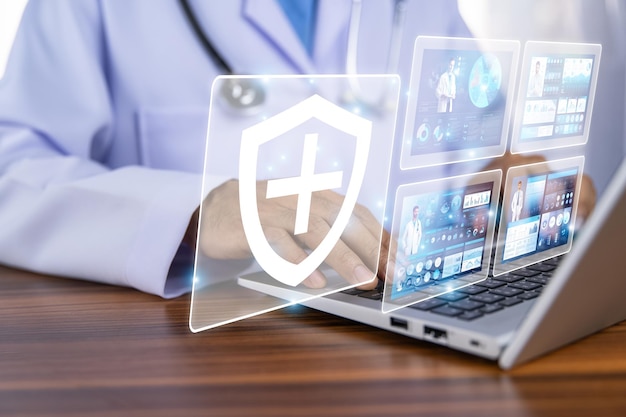 doctor using computer backup data on cloud computer technology and storage online for computer computer backup storage data internet technology backup online document backup data concept