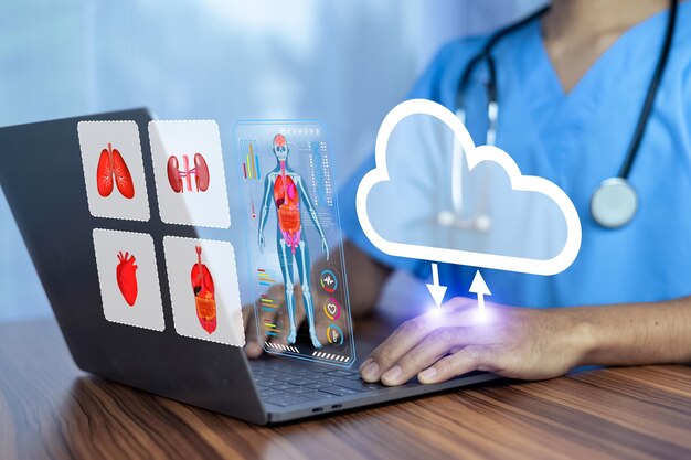 doctor using computer backup data on cloud computer technology and storage online for computer computer backup storage data internet technology backup online document backup data concept