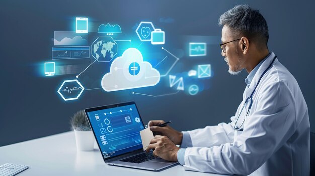 使用雲端電腦備份數據的醫生 電腦技術和線上儲存電腦備份儲存數據 互聯網技術備份線上文件