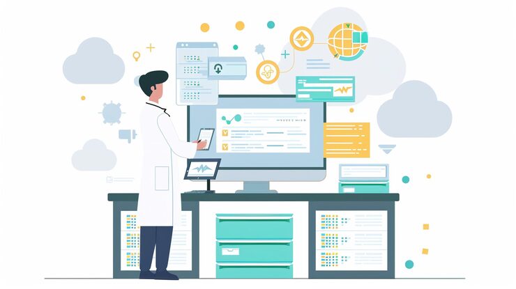 Photo 使用雲端電腦備份數據的醫生 電腦技術和線上儲存電腦備份儲存數據 互聯網技術備份線上文件