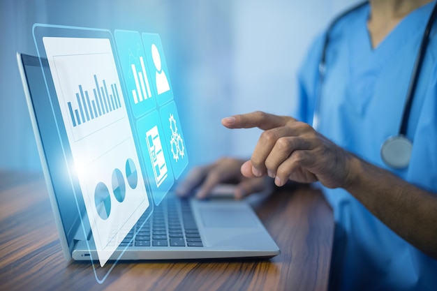 doctor using computer document management system dms online documentation database process automation to efficiently manage files