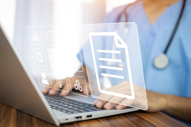 Photo doctor using computer working in hospital doctor using computer checking data patient document doctor using computer for health care hospital background