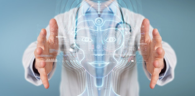 Doctor using digital artificial intelligence head interface