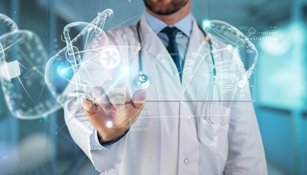 Foto dottore che utilizza un'interfaccia medica digitale futuristica con rendering 3d