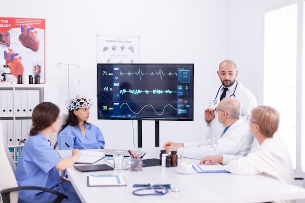 Doctor using headset with sensors on consciousness female nurse during neuroscience research. Monitor shows modern brain study while team of scientist adjusts the device.