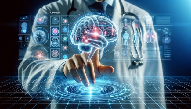 Doctor using high tech diagnostic panel hologram human brain modern medical science in the future