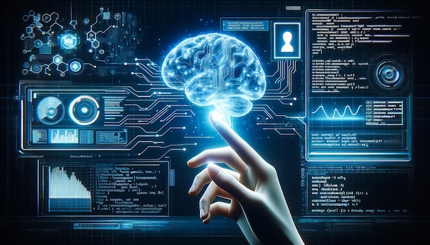 Doctor using high tech diagnostic panel hologram human brain modern medical science in the future