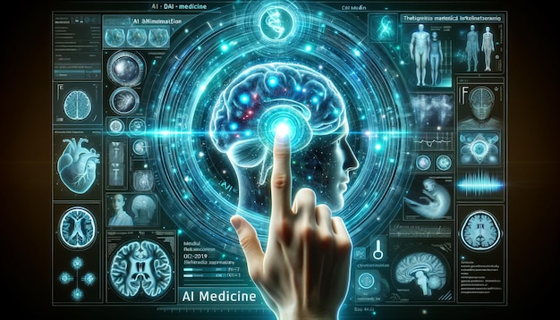 Doctor using high tech diagnostic panel hologram human brain modern medical science in the future