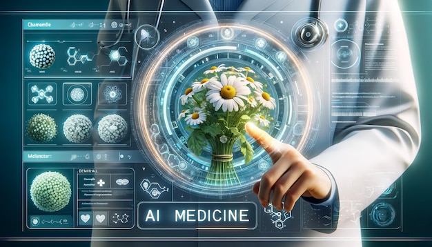 Doctor using high tech pharmacological panel hologram herbal medicine modern pharmacy science