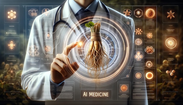첨단 기술 의약품 패널 홀로그램을 사용하는 의사 약초 의학 현대 약학 과학