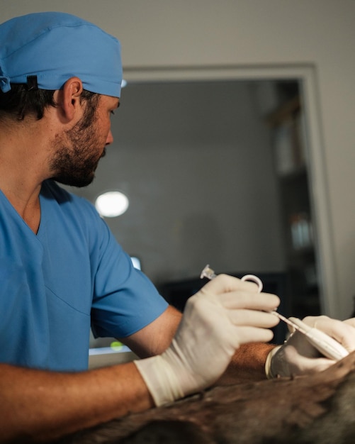 Photo doctor using surgical tools to take samples using the ultrasound scanner concept medicine