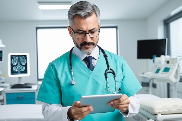 병원에서 태블릿 컴퓨터를 사용하는 의사 의료 의료 및 의사 직원 서비스