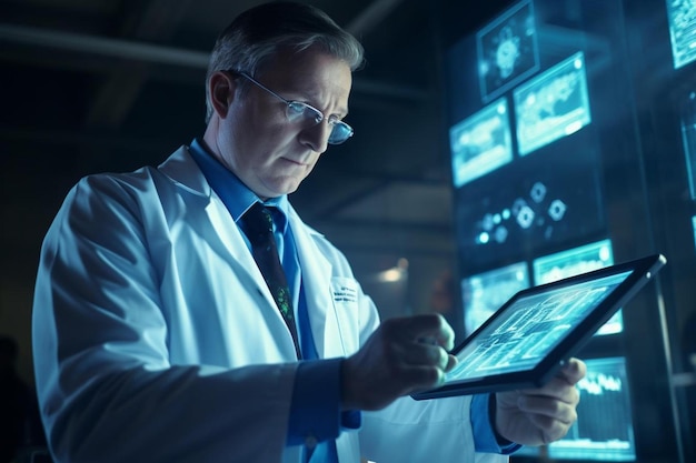 画面上に「薬剤師」という文字が表示されたタブレットを使用している医師。
