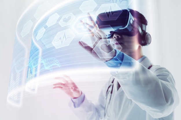 The doctor using virtual reality headset to research