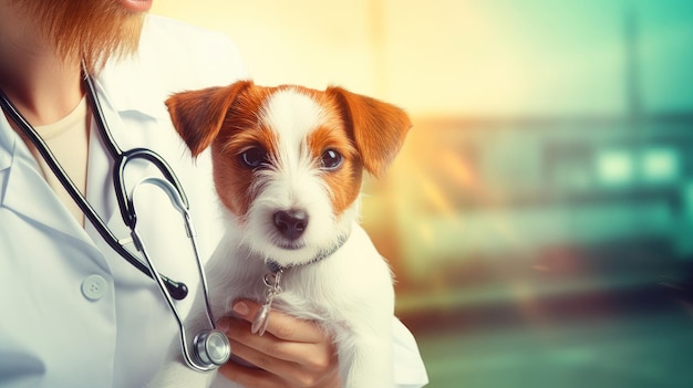 獣医師はクリニックの診察室で犬をクローズアップして検査します