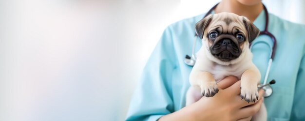 The doctor the veterinarian holds a little cute pug puppy in his arms Treatment of animals