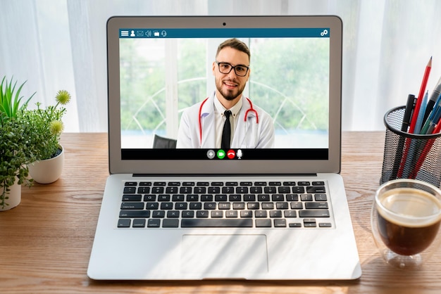 Doctor video call online by modish telemedicine software application for virtual meeting with patient