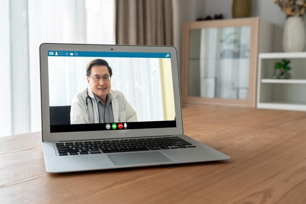 Photo doctor video call online by modish telemedicine software application for virtual meeting with patient